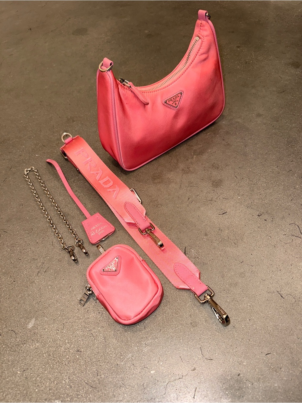 Prada Pink 2005 Nylon Shoulder Bag with Matching Strap and Pouch